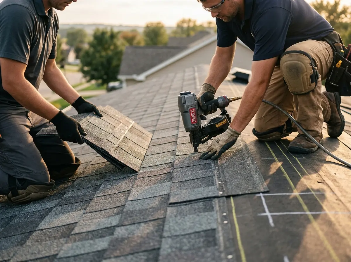 Professional roofer working on a residential roof in Raisinville